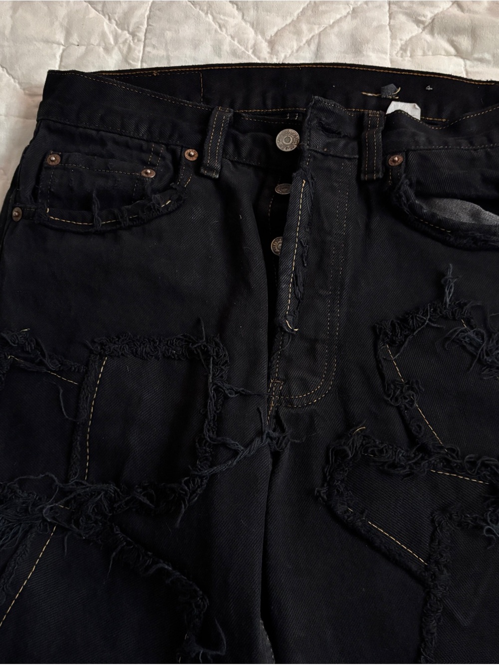 Levi's Black Distressed Boyfriend Jeans with Frayed Paneling